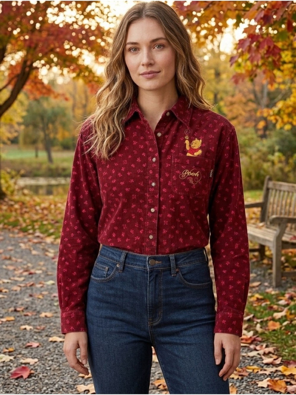 Women's Burgundy Long-Sleeve Button-Up Shirt with Pooh Embroidery